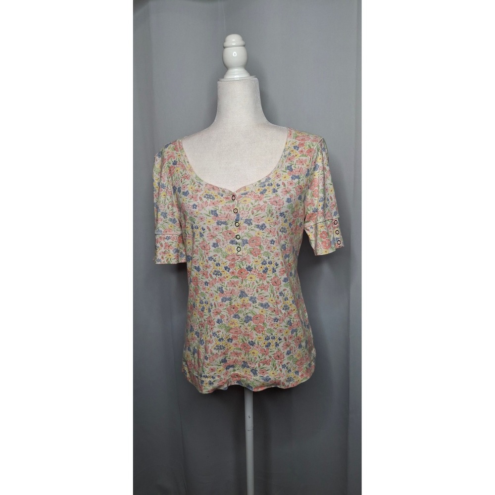 Lauren Ralph Lauren Petite Pastel Floral Henley Knit Top Short Sleeve Cotton PM